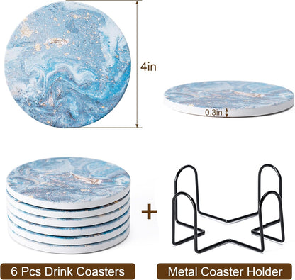 6Pcs Drink Coasters with Holder, Marble Style Ceramic Drink Coaster, Absorbent Coasters Set Suitable for Kinds of Cups, Modern Style Coaster for Coffee Table, 4 Inches
