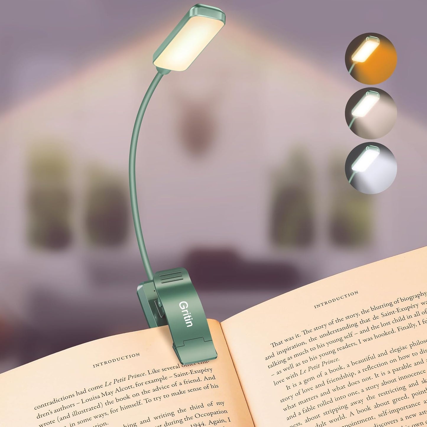 Gritin 9 LED Rechargeable Book Light for Reading in Bed - Eye Caring 3 Color Temperatures,Stepless Dimming Brightness,80 Hrs Runtime Small Lightweight Clip On Book Reading Light for Studying