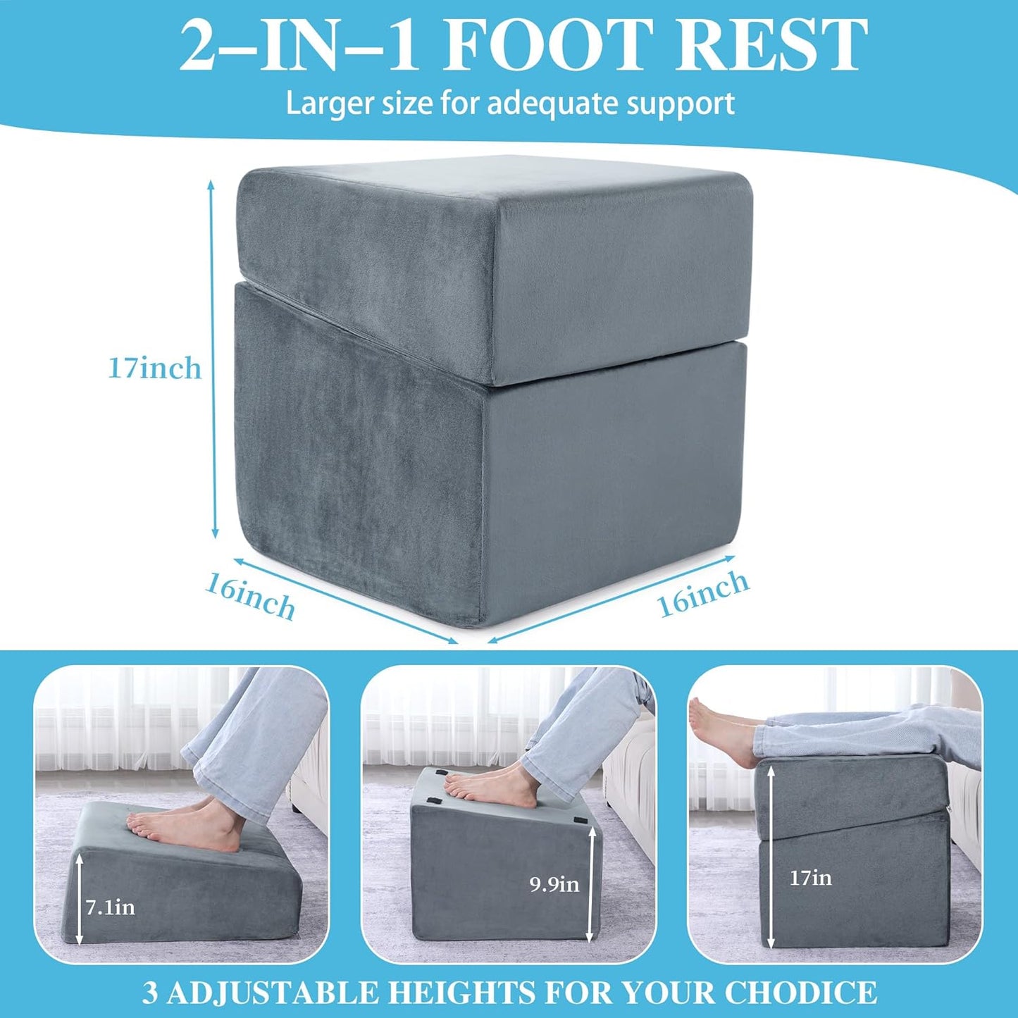 ROYALAY Adjustable Foot Rest Under Desk for Office, High-Density Foam Foot Rest with 3 Adjustable Heights, Ergonomic Footrest with Washable Cover for Home, Airplane, Travel(17 * 11 * 17in, Gray)
