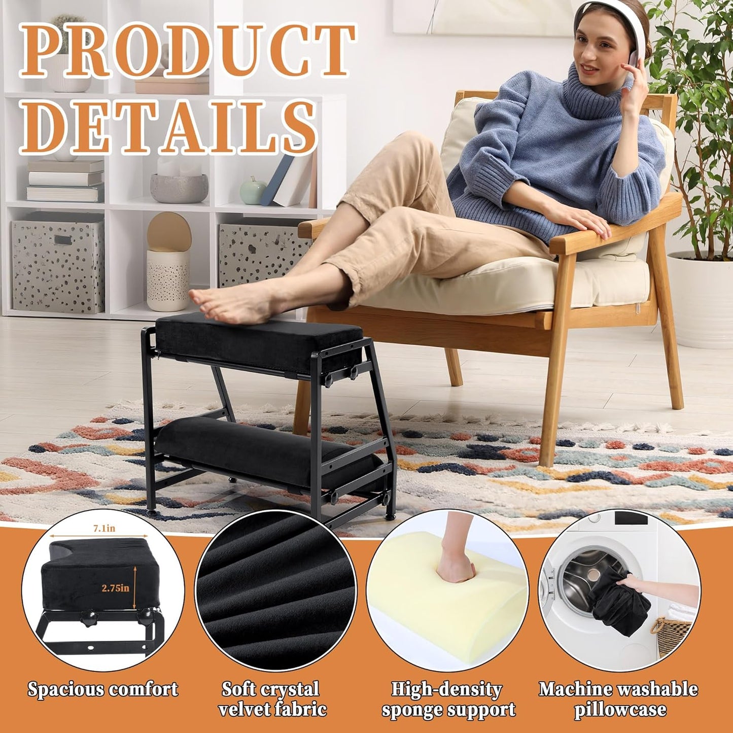 BALAPET Adjustable Double Step Footrest, High-Density Foam with Sturdy Iron Frame Foot Rest Under Desk for Office, Ergonomic Footrest with Washable Cover for Desk Work Office Life, Home