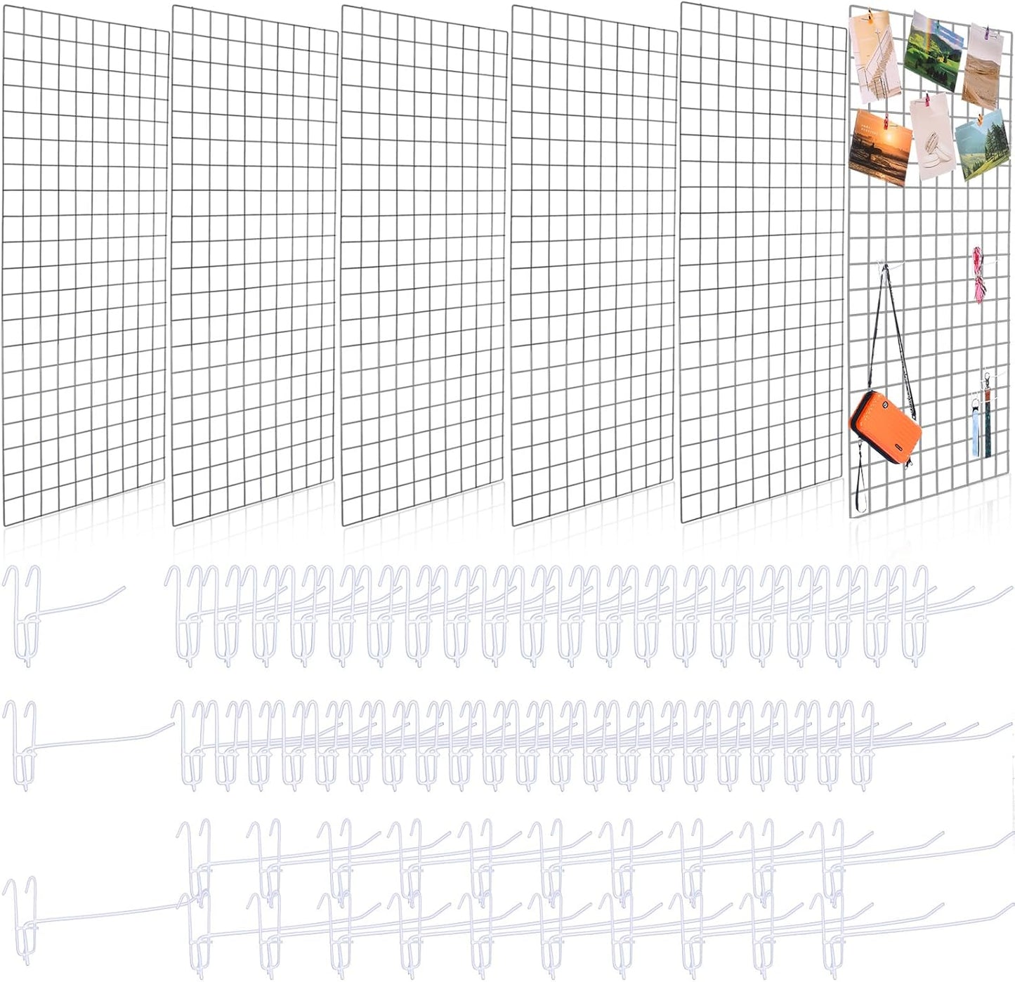 Hicarer 6 Pcs Commercial Grade Gridwall Panels for Display, Heavy Duty Wire Grid wall Display Rack Metal wall Mount Grid with 60 White Hooks for Retail Display Home Storage Vendor Events(2 x 4 ft)