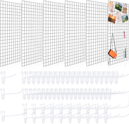 Hicarer 6 Pcs Commercial Grade Gridwall Panels for Display, Heavy Duty Wire Grid wall Display Rack Metal wall Mount Grid with 60 White Hooks for Retail Display Home Storage Vendor Events(2 x 4 ft)