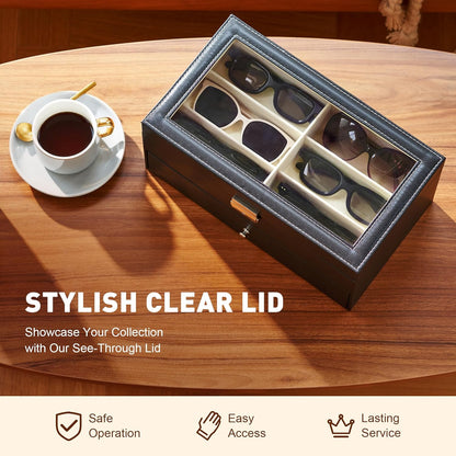 CO-Z Sunglasses Organizer with 12 Slots, Multiple Eyeglasses Eyewear Display Case for Women Men, 2 Story Leather Multi Sunglasses Jewelry Collection Holder with Drawer