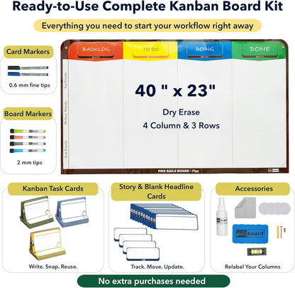 4 Column Magnetic Kanban Board, Scrum Board Flex Whiteboard Kit. Agile Kit, 64 Magnetic Kanban Cards Kit, Scrum Cards Set. Project Management Board for Project Planning, Kanban Whiteboard Kit