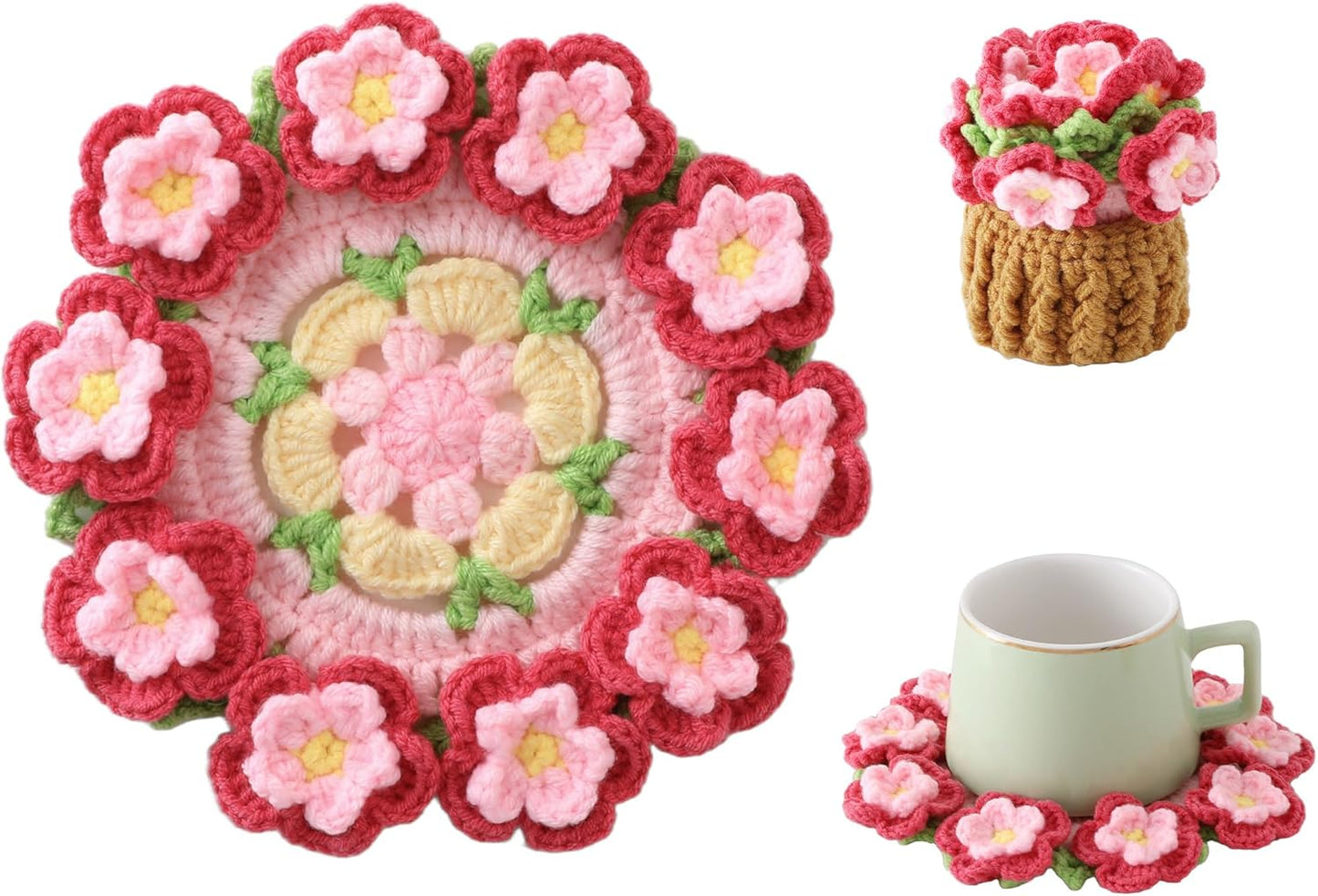 Flower Crochet Coasters, Handmade Bouquet Blanket Coaster with Crochet Plant Pot Fun Soft Decorative Drink Coasters for Coffee Tabletop Protection and Home Decor (Pink, 1Pc)