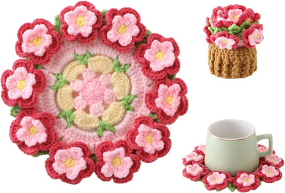 Flower Crochet Coasters, Handmade Bouquet Blanket Coaster with Crochet Plant Pot Fun Soft Decorative Drink Coasters for Coffee Tabletop Protection and Home Decor (Pink, 1Pc)
