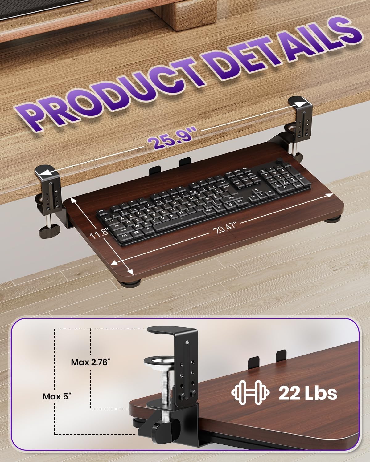 Ergonomic Mouse & Keyboard Tray Under Desk, Pull Out with Adjustable C-clamp, 20 (25.9 Including Clamps) x 11.8 Inch Slide Out Computer Keyboard Drawer Mouse Tray for Typing, Rustic Brown