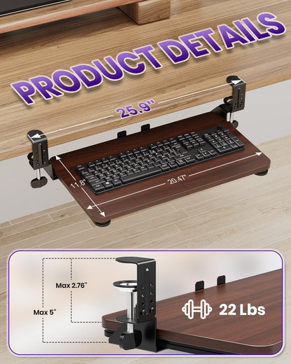 Ergonomic Mouse & Keyboard Tray Under Desk, Pull Out with Adjustable C-clamp, 20 (25.9 Including Clamps) x 11.8 Inch Slide Out Computer Keyboard Drawer Mouse Tray for Typing, Rustic Brown
