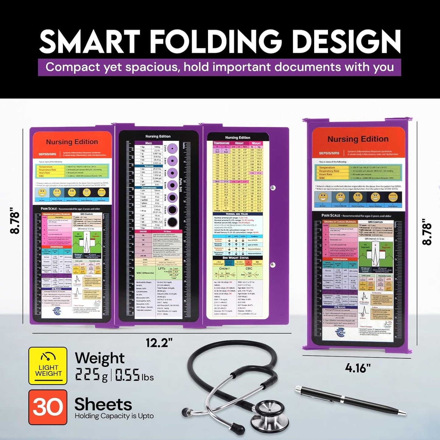 Nursing Clipboard Foldable with Medical Edition Cheat Sheets, 3 Layers Aluminum Foldable Clipboard for Nursing, Notepad for Students, Nursing School Essentials (Black)