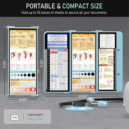 Nursing Clipboard Foldable, Foldable Clipboard w/Nursing Edition Cheat Charts,3 Layers Aluminum, Nurse Clip Board w/Low Profile Clip&Pen Clip Pocket for Nurses and Doctors,Light Blue