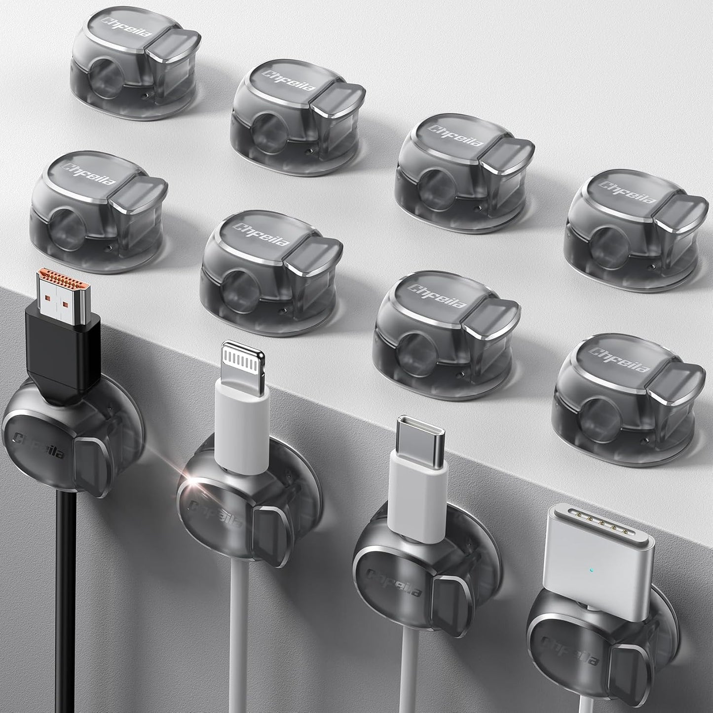 Chfeila 8 Pack Cable Clips [Dual Spring & Clasp] Cable Management, Max Secure Adhesive Cord Organizer, Cord Holder for Nightstand, School Office, College Dorm Essentials, Desk Accessories & Decor