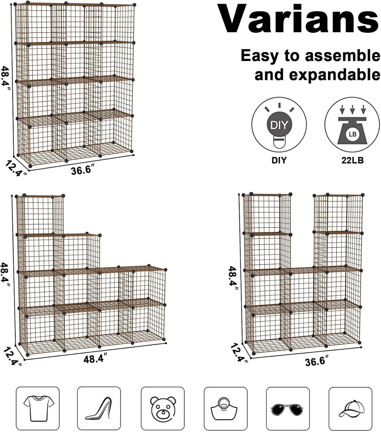 C&AHOME Wire Cube Storage, 12-Cube Storage Organizer Metal, C Grids Storage Bins Shelving, Modular Bookshelf Shelf, Closet Cabinet Ideal for Bedroom, Office 36.6”L x 12.4”W 48.4”H Black