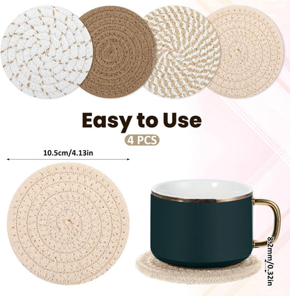 Woven Coasters, Brown Cute Coasters for Desk Minimalist Aesthetic Coaster Set of 4 for Kitchen Dining Coffee Desk Tabletop Protection Housewarming Gift for Home Decor (4.13in/10.5cm)