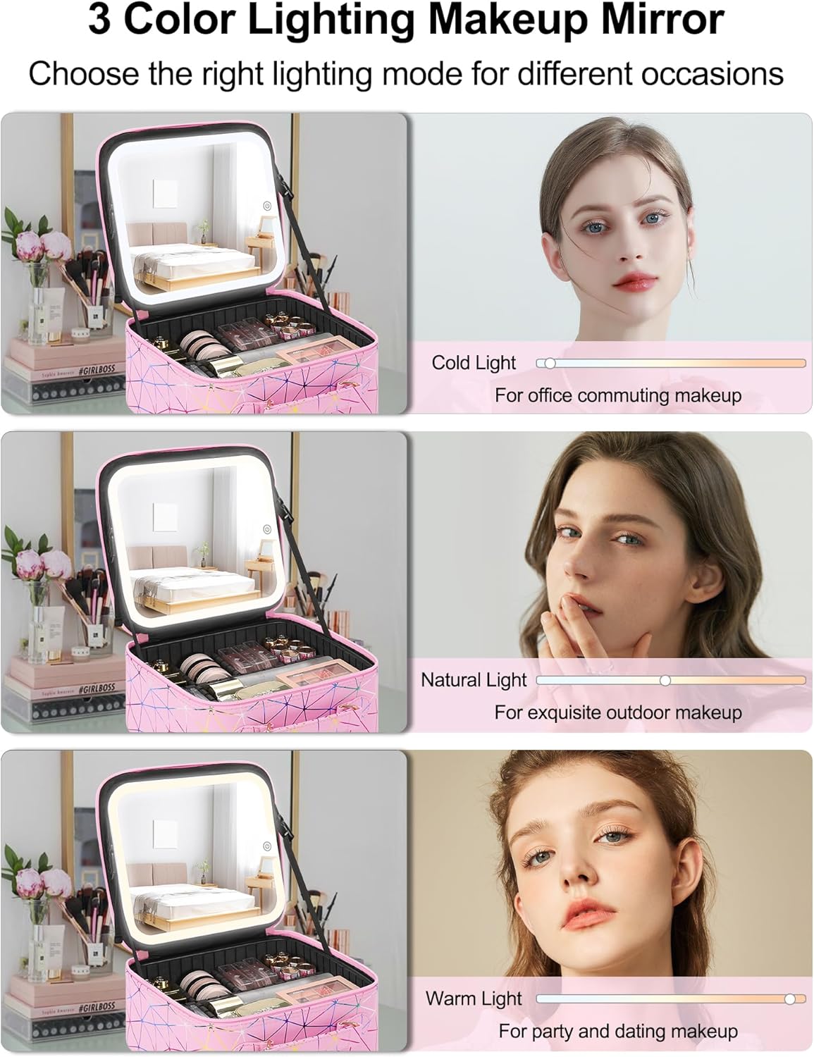 Relavel Travel Makeup Bag With LED Mirror, Cosmetic Train Case with Light up Mirror, Portable Makeup Artist Organizer Bag with Adjustable Dividers, Makeup Brush Holder Storage, Black