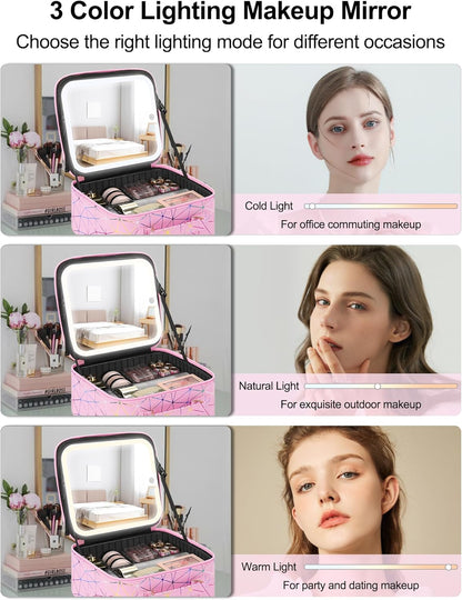 Relavel Travel Makeup Bag With LED Mirror, Cosmetic Train Case with Light up Mirror, Portable Makeup Artist Organizer Bag with Adjustable Dividers, Makeup Brush Holder Storage, Black