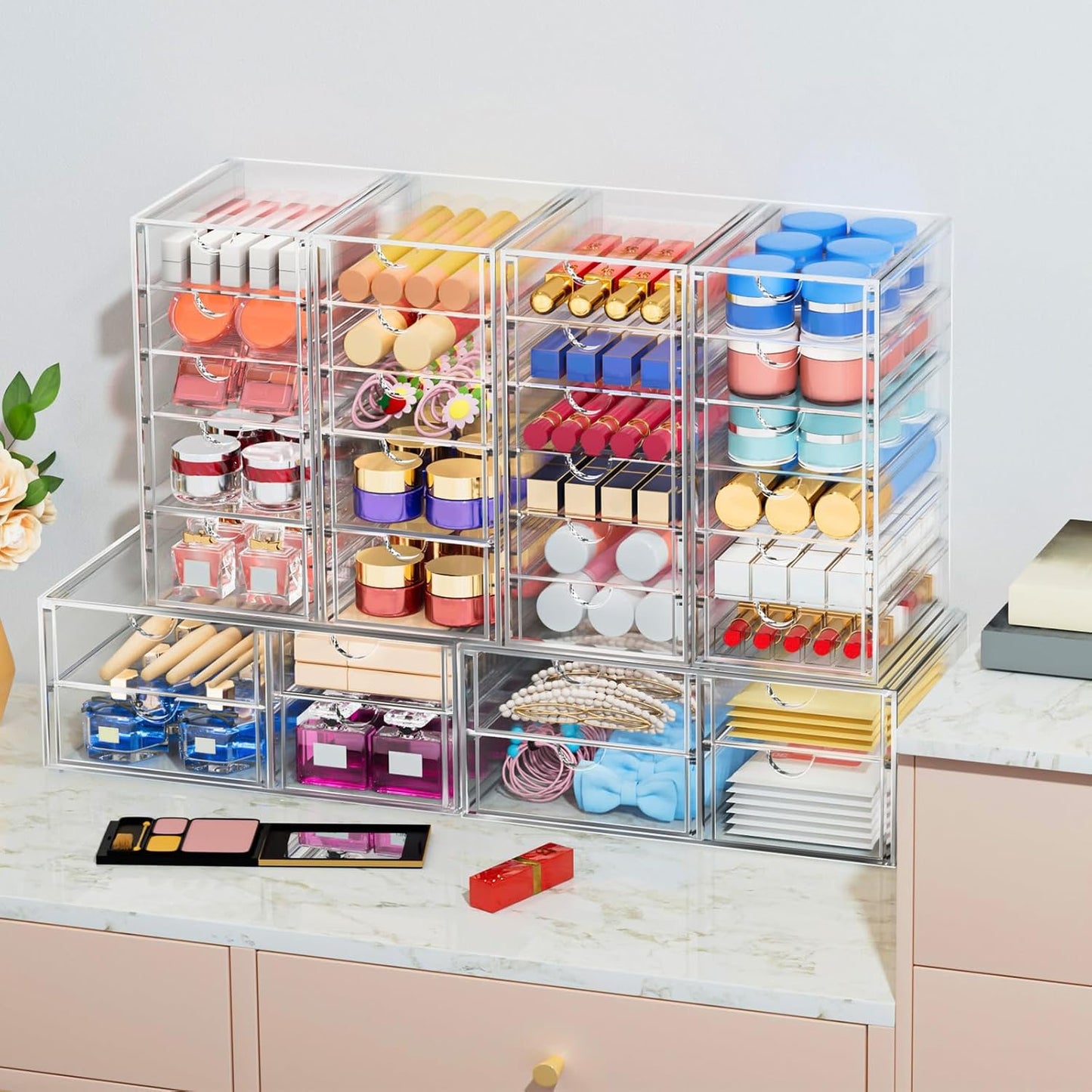 caktraie Makeup Organizer Storage With 16 Drawers, 4 Pcs Desktop Office Supplies, Desk Organizers, Clear Accessories, Dustproof Storage Drawer and for Make Up, Jewelry, Pen, Stationary