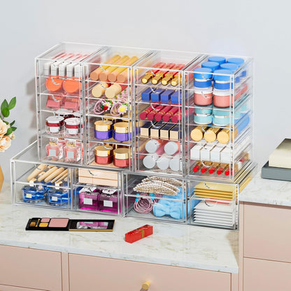 caktraie Makeup Organizer Storage With 16 Drawers, 4 Pcs Desktop Office Supplies, Desk Organizers, Clear Accessories, Dustproof Storage Drawer and for Make Up, Jewelry, Pen, Stationary
