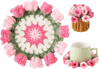 Flower Crochet Coasters, Handmade Bouquet Blanket Coaster with Crochet Plant Pot Fun Soft Decorative Drink Coasters for Coffee Tabletop Protection and Home Decor (Pink, 1Pc)