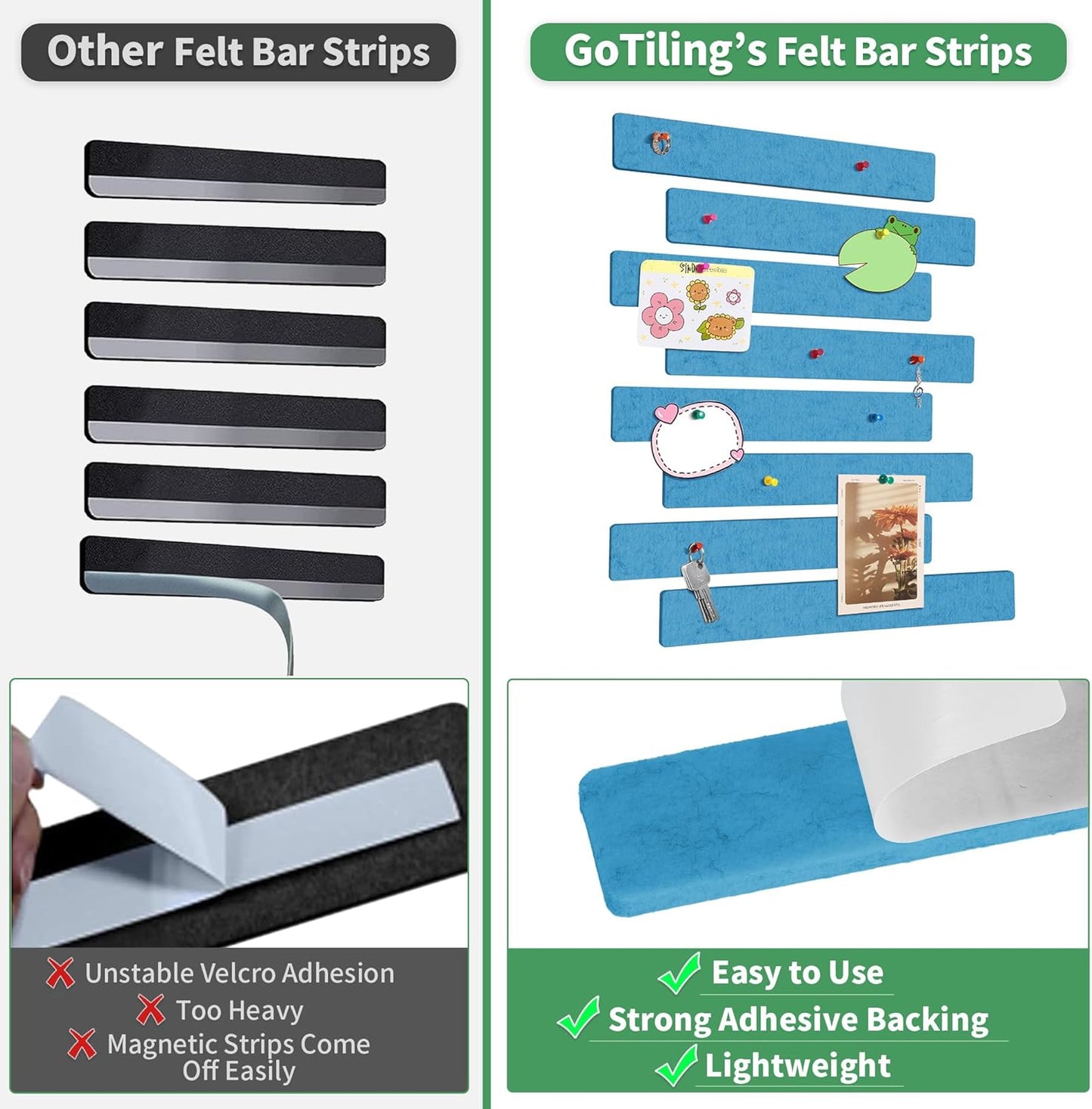 Cork Board for Walls - 8 Pack Felt Pin Board Bar Strips - Self-Adhesive Lightweight Bulletin Board - Cork Board for Office with 40 Push Pins No Damage for Wall