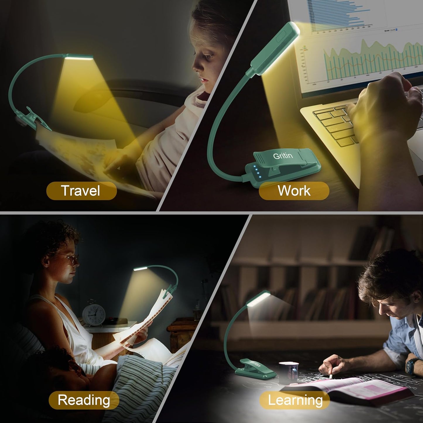 Gritin 9 LED Rechargeable Book Light for Reading in Bed - Eye Caring 3 Color Temperatures,Stepless Dimming Brightness,80 Hrs Runtime Small Lightweight Clip On Book Reading Light for Studying