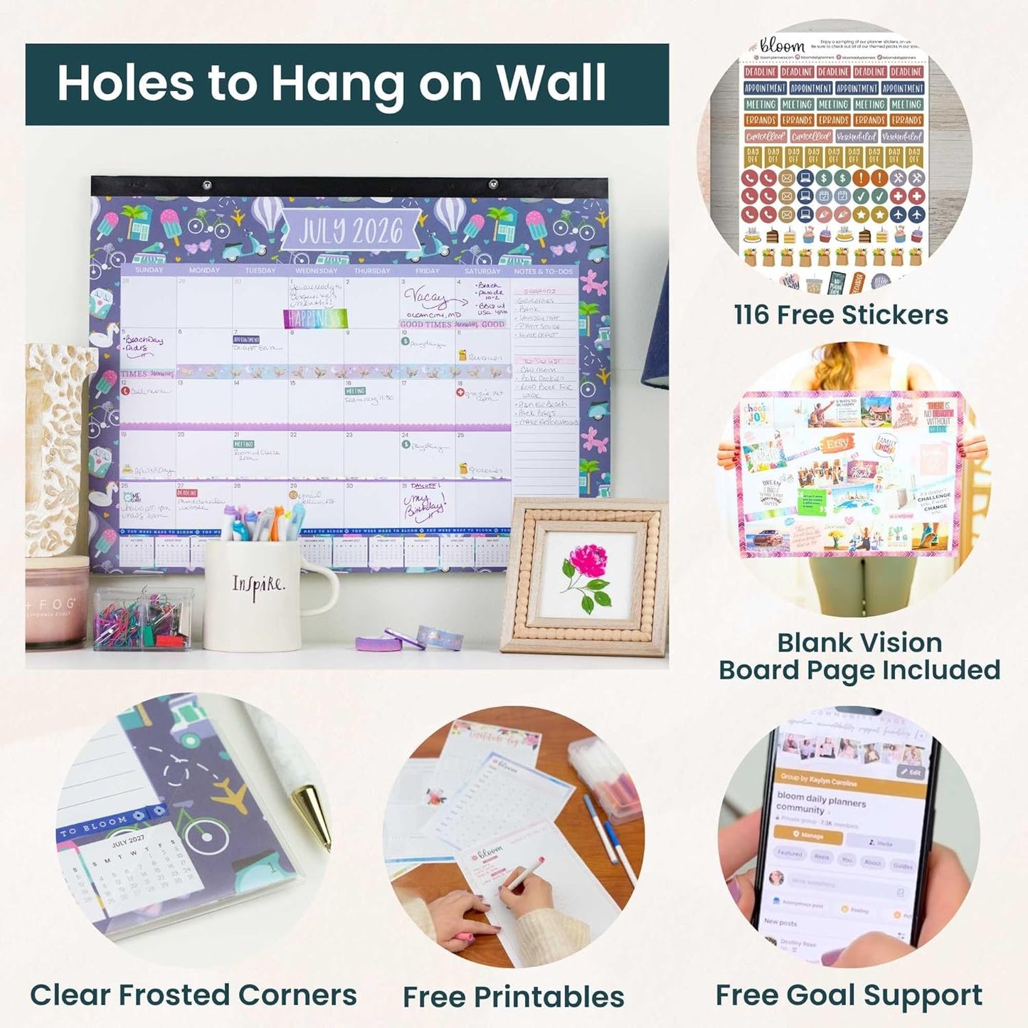 bloom daily planners Desk Calendar 2026-2027 - Academic Year Large Wall Calendar (July 2026 - July 2027) - 21” x 16” Desktop & Hanging Monthly Planner with Stickers for Home or Office - Seasonal