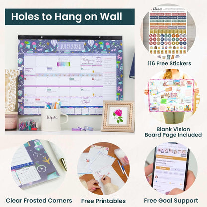bloom daily planners Desk Calendar 2026-2027 - Academic Year Large Wall Calendar (July 2026 - July 2027) - 21” x 16” Desktop & Hanging Monthly Planner with Stickers for Home or Office - Seasonal