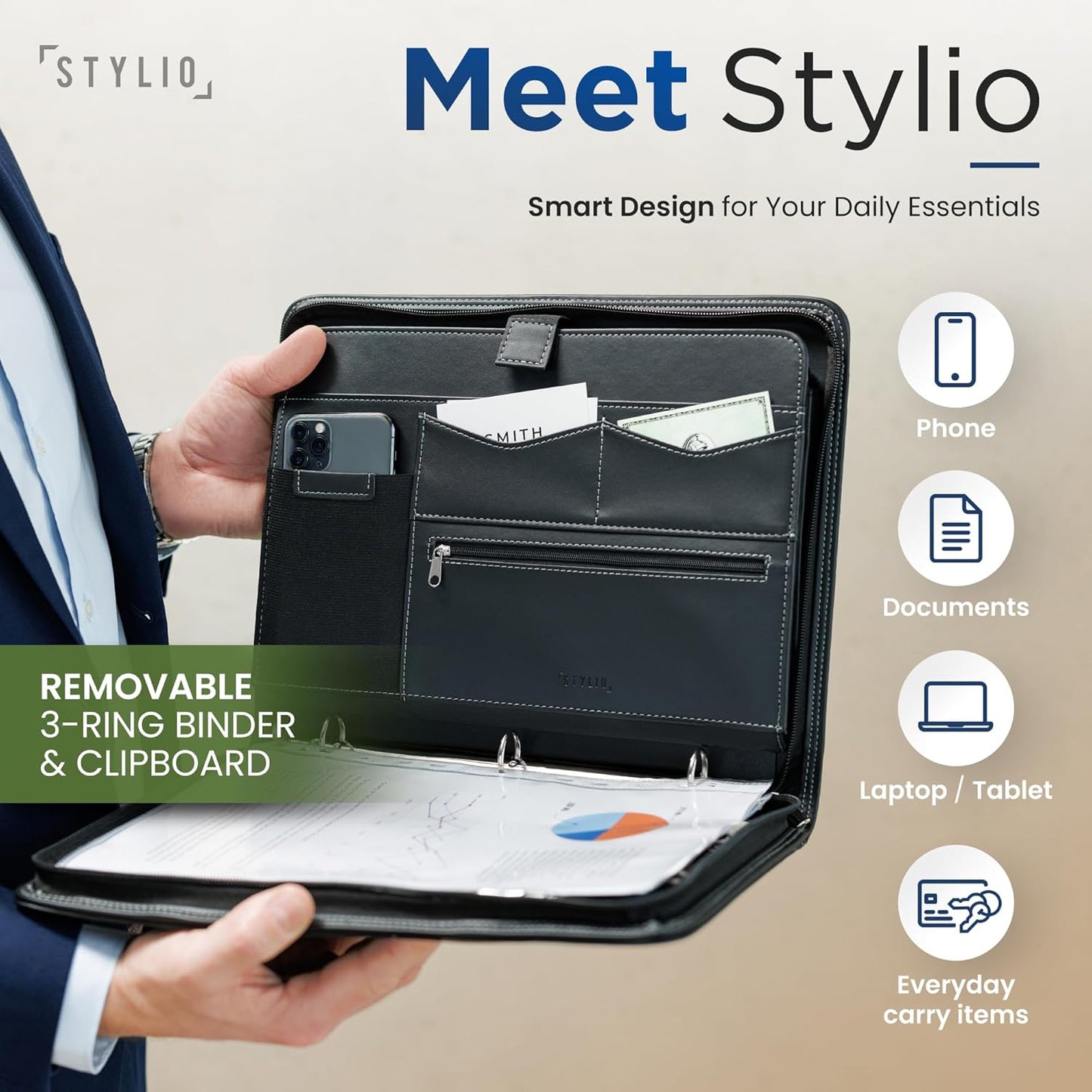 STYLIO Zipper Padfolio Portfolio Binder Organizer | Faux Leather Portfolio for Resume, Documents, Phone, Tablet, Business Supplies and Cards | Notebook Organizer with Letter Sized Notepad Included