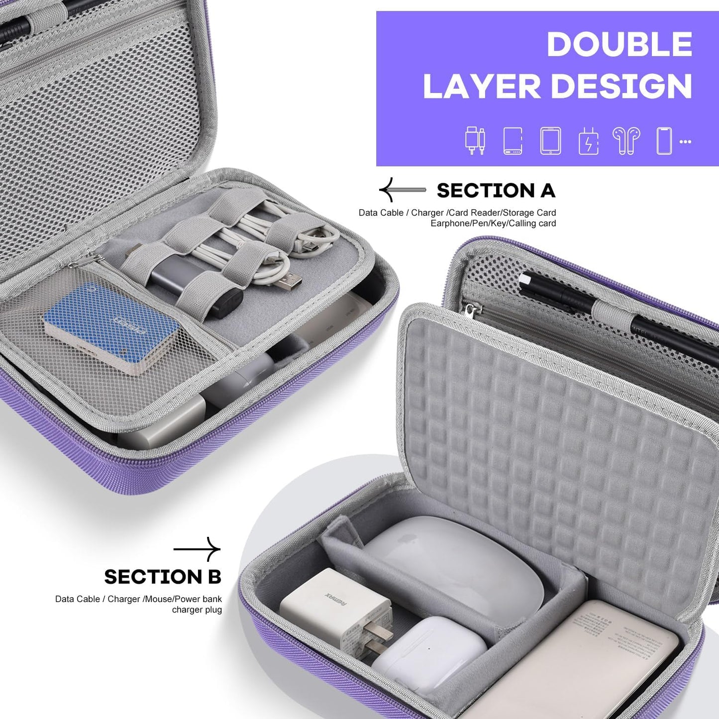 Hard Travel Electronic Organizer Case for MacBook Power Adapter Chargers Cables Power Bank Apple Magic Mouse Apple Pencil USB Flash Disk SD Card Hard Drive Waterproof Shockproof Carrying Bag, Black