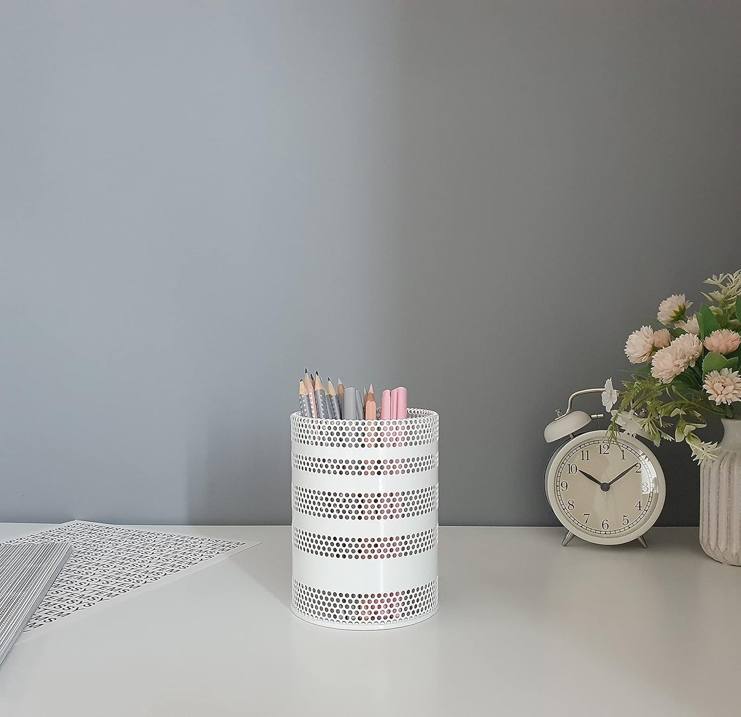 Metal Hook Wall Mounted Pen Pencil Holder, Office Desk Organizer with Hook for Hanging on Wire Mesh Wall Grid Panel (White, Large)