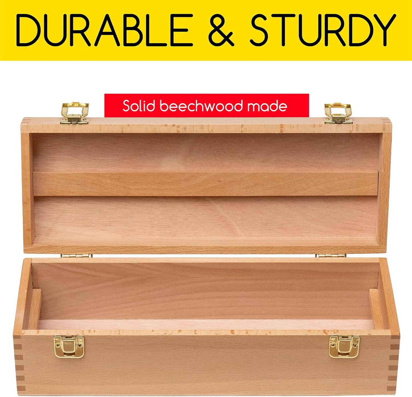 MEEDEN Medium Art Supply Storage Box - Multi-Function Solid Beech Wooden Chest/Art Tool Box with Lift Out Trays for Paint Brush, Pencil, Pastel, and More Art Supplies 14-1/5"W × 5-1/8"D × 4-1/3"H