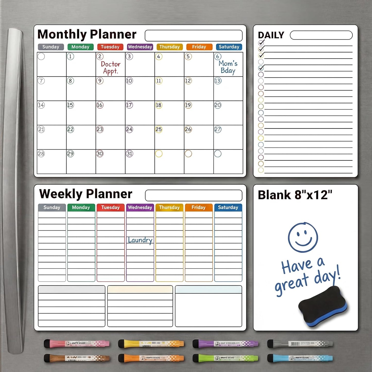 Magnetic Calendar for Refrigerator (3-Pack, Ships Flat) - 17"x12" Monthly, Weekly & Daily Planner with Lined Grids - Nano-Tech Dry Erase Board Fridge Whiteboard, 8 Markers & Eraser