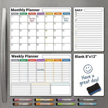Magnetic Calendar for Refrigerator (3-Pack, Ships Flat) - 17"x12" Monthly, Weekly & Daily Planner with Lined Grids - Nano-Tech Dry Erase Board Fridge Whiteboard, 8 Markers & Eraser