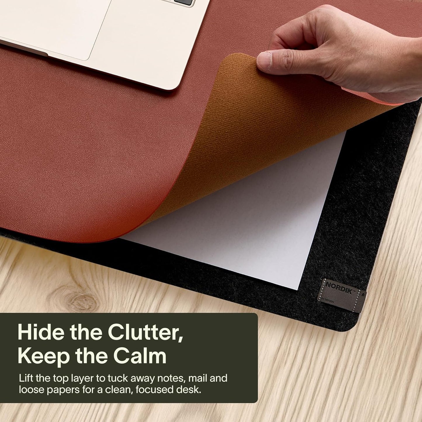 Nordik Felt and Leather Desk Mat - Willow Haze Sage - 35x17 Inch Felt and Vegan Leather Desk Blotter with Document Hideaway - Large Computer Mats for Desktop - Ideal Keyboard Mat for Office and Home