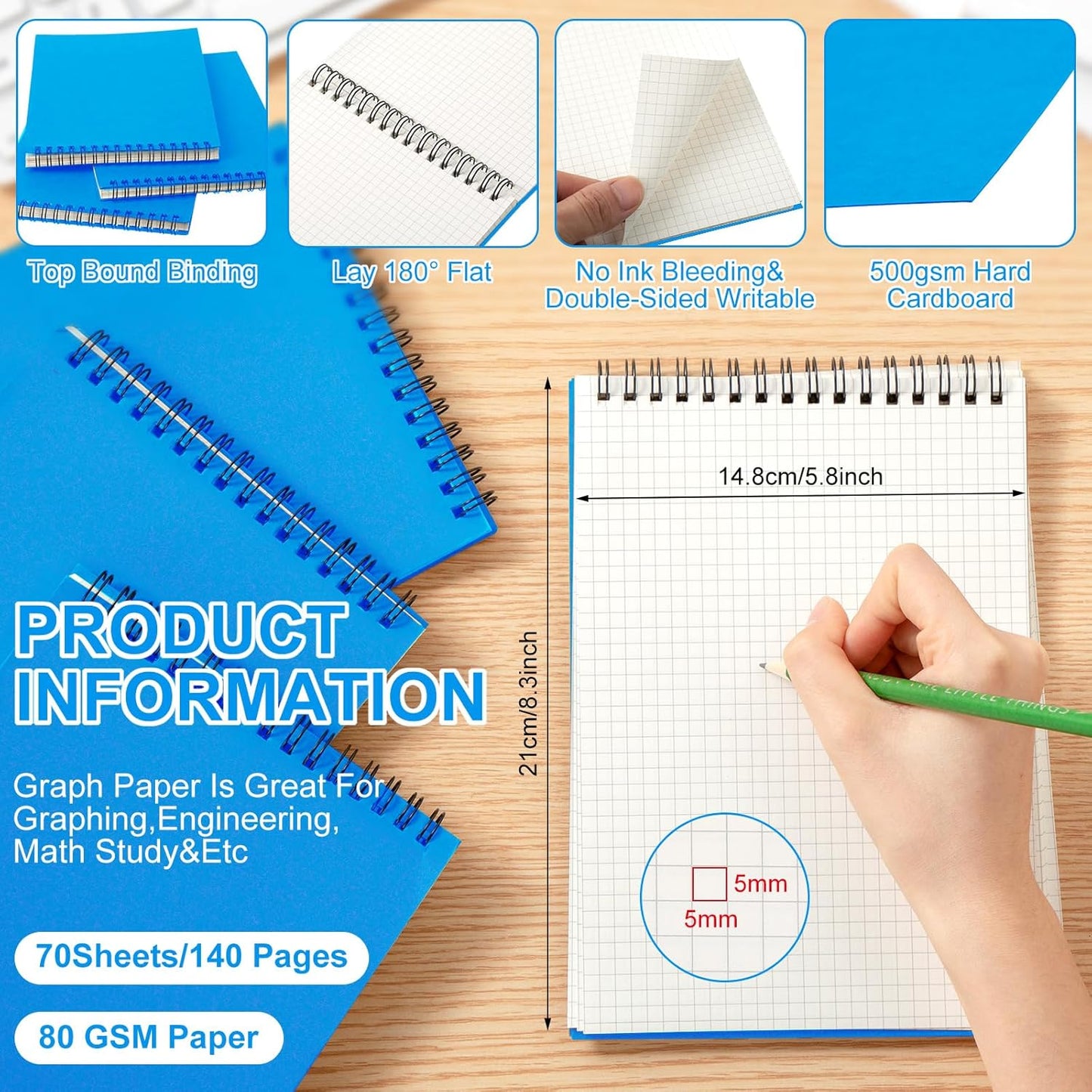 Engrowtic 6 Pack Graph Paper Spiral Notepad A5 Top Wirebound Notepad Grid Notebook Steno Pad Memo Notebook Grid Paper 140 Pages for Writing Sketching Drawing Office Supply (Black)