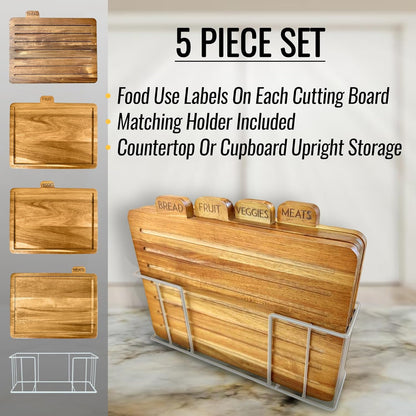 Acacia Cutting Boards for Kitchen with Holder 13" x 11" x 2.5" | Labeled Wood Cutting Board Sets | Large Wooden Cutting Board Set of 4 with Black Organized Stand | Non Toxic Chopping Board