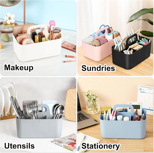 Multiuse Caddy Organizer with Handle, Portable Divided Plastic Tote Bin - Art Craft, Stationary Pen Marker Crayons, Makeup Hair Supplies Storage - Bathroom, Classroom, Dorm, Office, Desk Holder -Black