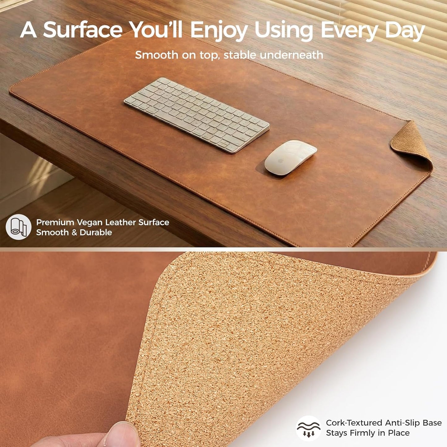 Premium Faux Leather Desk Mat & Tray Set，Innovative Cork-Look Printed Base，Gift Tube Packaging，Full-Desk Coverage，Non-Slip Desk Pad for Office Home（Olive Green）