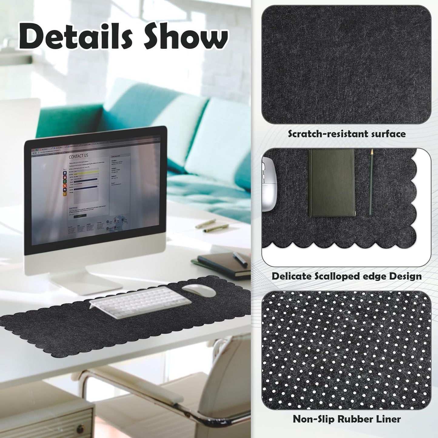 Copkim 35 x 16.5 Inch Felt Desk Mat with Scalloped Edges, Large Felt Mouse Pad Non Slip Scalloped Computer Laptop Desktop Pad for Keyboard and Mouse Home Office(Gray)
