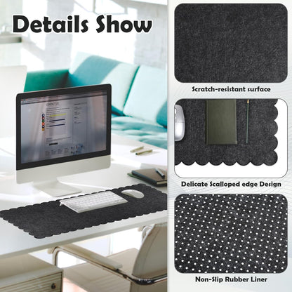 Copkim 35 x 16.5 Inch Felt Desk Mat with Scalloped Edges, Large Felt Mouse Pad Non Slip Scalloped Computer Laptop Desktop Pad for Keyboard and Mouse Home Office(Gray)