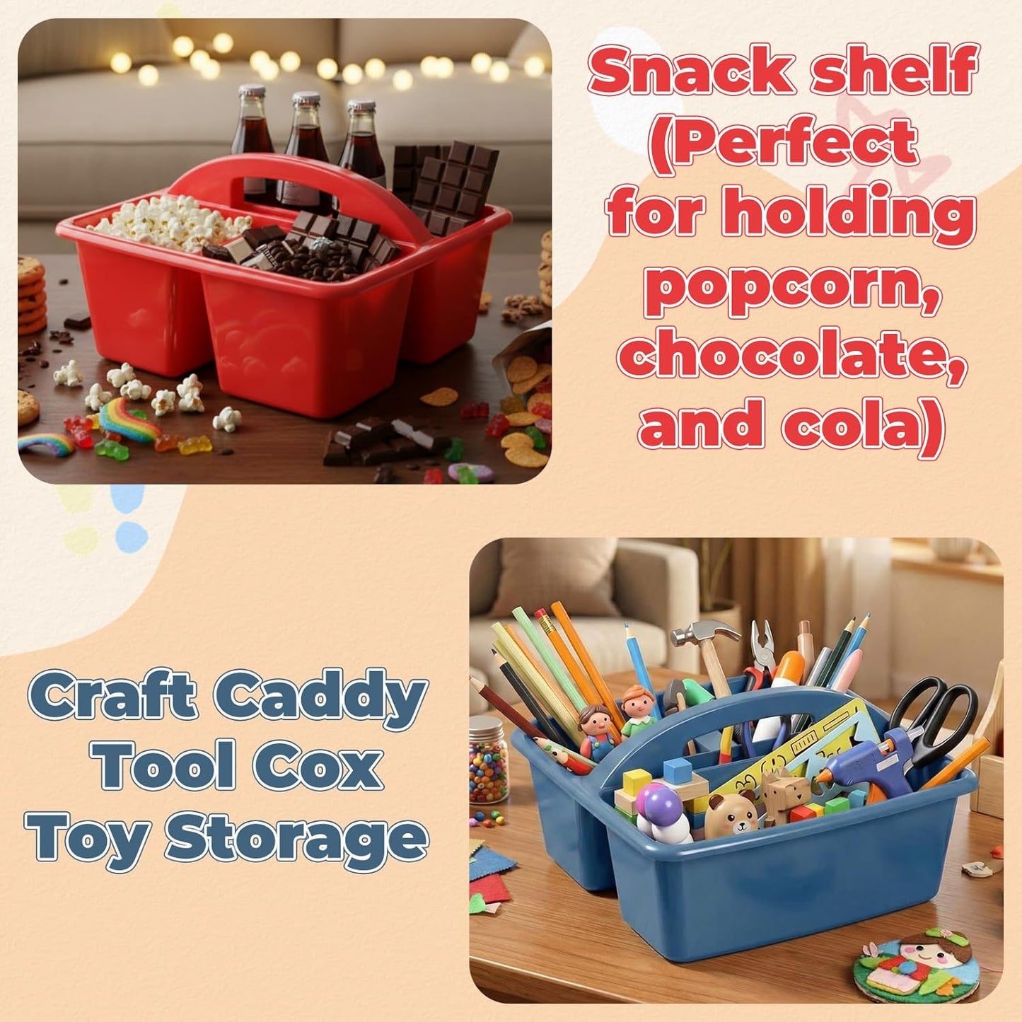 Kathfly 4 Pack Caddy Organizer with Handle, Stackable Organization Storage, Small Plastic Basket Classroom Caddy for Table Desk Office Pencil Kids Room Craft Art Teacher School Supplies (Blue Orange)