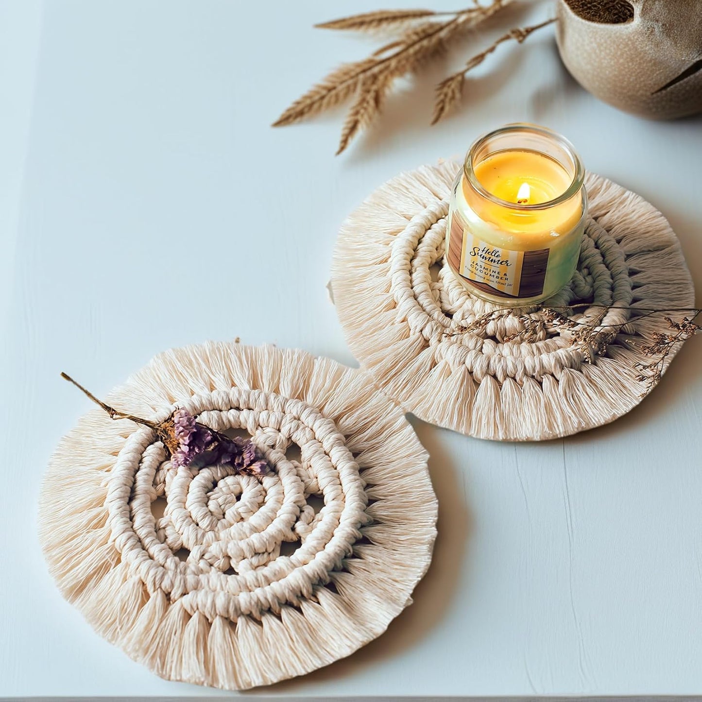 Desk Coasters Set of 2, Cute Coaster for Desk, Round Handmade Woven Coaster for Boho Home Decor, CupCoasters for Office Kitchen Dining Room Bar Farmhouse, Coasters Set for Drinks, Beer, Coffee
