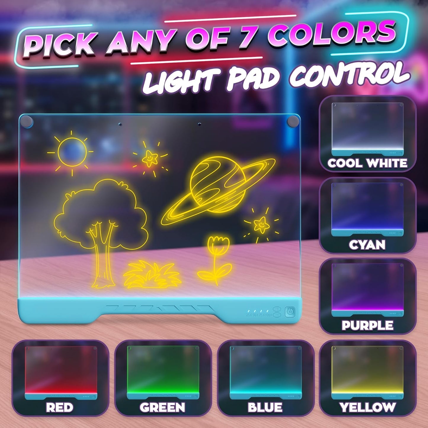 Upgraded 16-Inch LED Drawing Board Rechargeable – 7 Colors, 10 Lighting Effects, Adjustable Brightness – Acrylic Light Board for Tracing with Stand, Markers & Complete Set – Birthday Gift Idea (Black)
