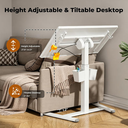 35" Small Glass Mobile Standing Desk, Portable Laptop Cart with Storage & 90° Tilt, Height Adjustable, Rolling Whiteboard on Wheels for Office Home School, White