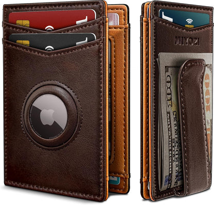 miyozi Airtag Wallet for Men- with Money Clip Gift Boxed, Magnetic Closure Slim Genuine Leather Front Pocket Wallet, 4.1"x 2.8", RFID Blocking