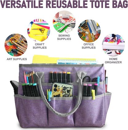 Cupohus Art Organizer Craft Storage Tote Bag with Pockets and Handles, Oxford Fabric Carrying Caddy for Teacher, Officer, Artist, Traveler –Purple