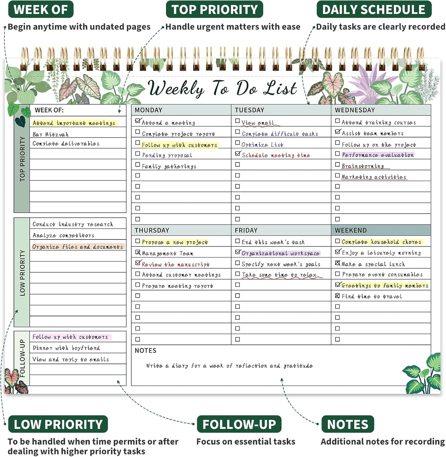 104 Pgs Weekly To Do List Notepad, 52 Duplex-Printed Undated Sheets 100 GSM（8.5"×11") Weekly Desk Planner For Work Home School Office Desk Accessories Supplies & Goal Setting Tasks - Green