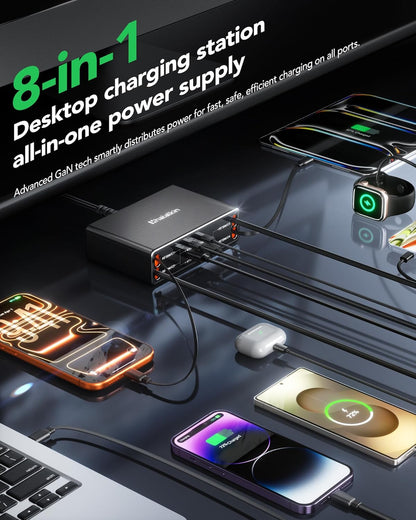 8-in-1 Retractable Charger for Apple Samsung Multiple Devices,Charging Station 105W USB c Gan Usbc Hub,Fast Charger Wall Plug for iPhone 17/16/15,Galaxy S26,Pixel,iPad,Home Office,Desktop Accessories
