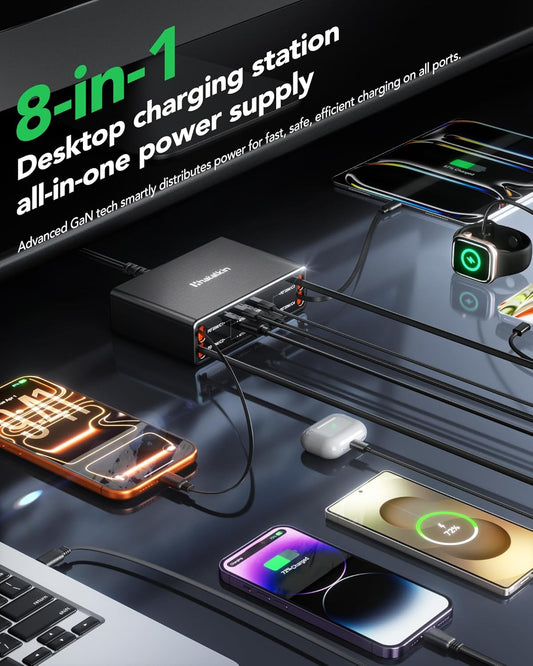 8-in-1 Retractable Charger for Apple Samsung Multiple Devices,Charging Station 105W USB c Gan Usbc Hub,Fast Charger Wall Plug for iPhone 17/16/15,Galaxy S26,Pixel,iPad,Home Office,Desktop Accessories