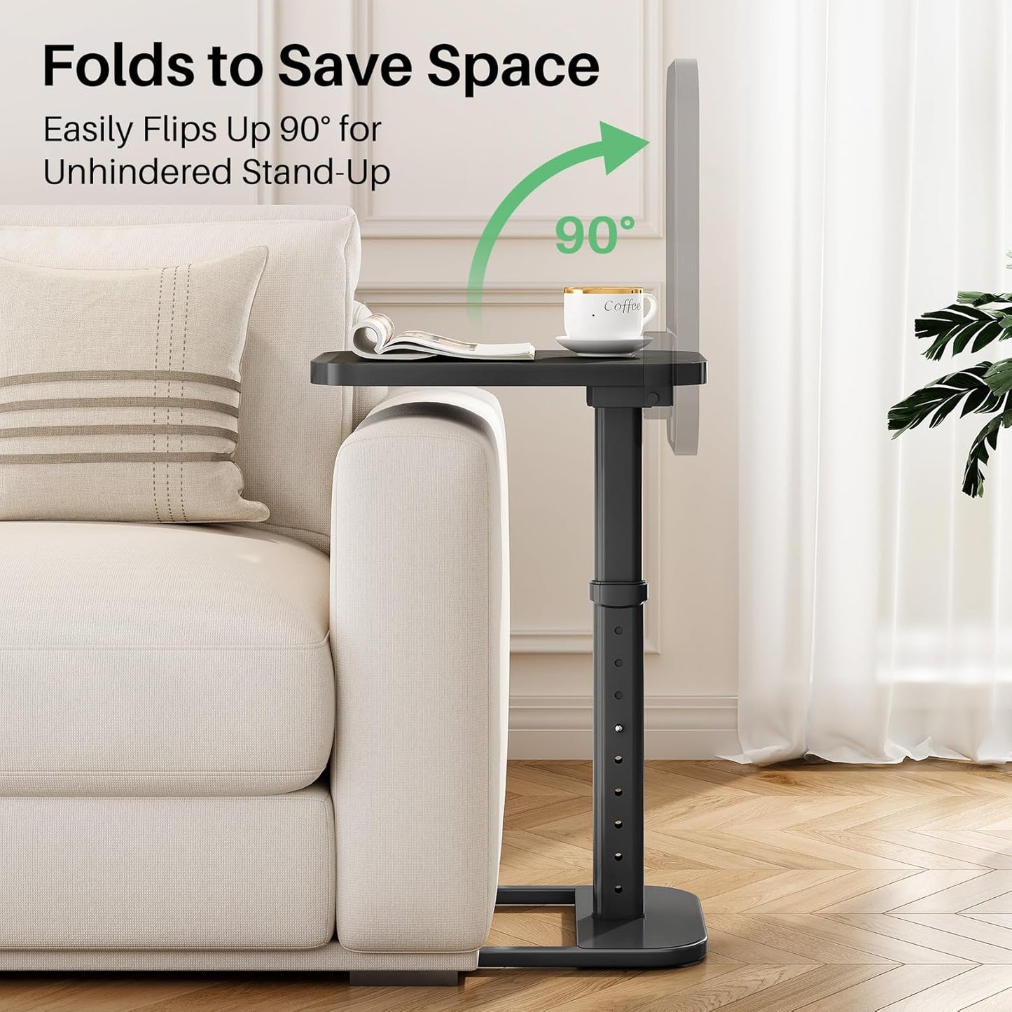 Kitstorack TV Tray Table, Adjustable Height & Flip-Top & Rounded Metal Corners, Snack Table for Couch, Sofa, Bed, Chair, Living Room, C Shaped End Side Table for Eating, Dinner or Laptop, Small Spaces