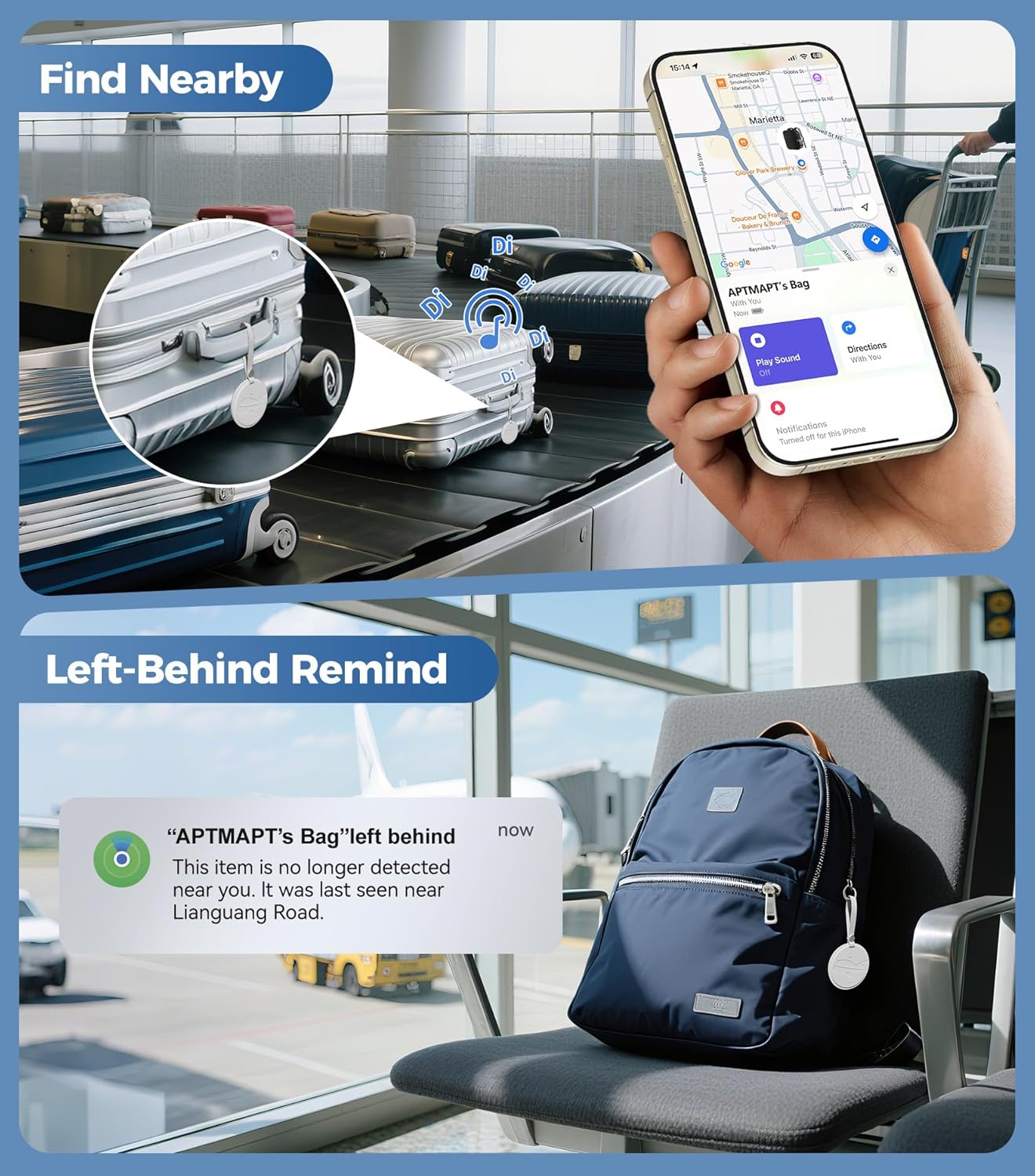 Smart Luggage Tag Works with Apple Find My, Premium Leather Suitcase Tracker with 2 ID Labels, TSA-Friendly, Anti-Lost Travel Essentials for Bags Backpacks, Wireless Charging, Black